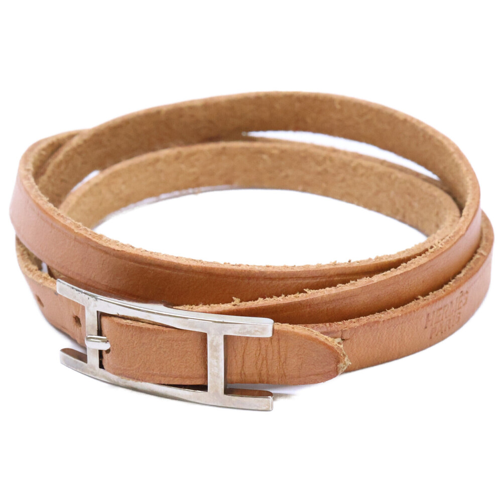 HERMES Hermes Be Api □S stamp Triple Leather Bracelet Brown Silver Women's